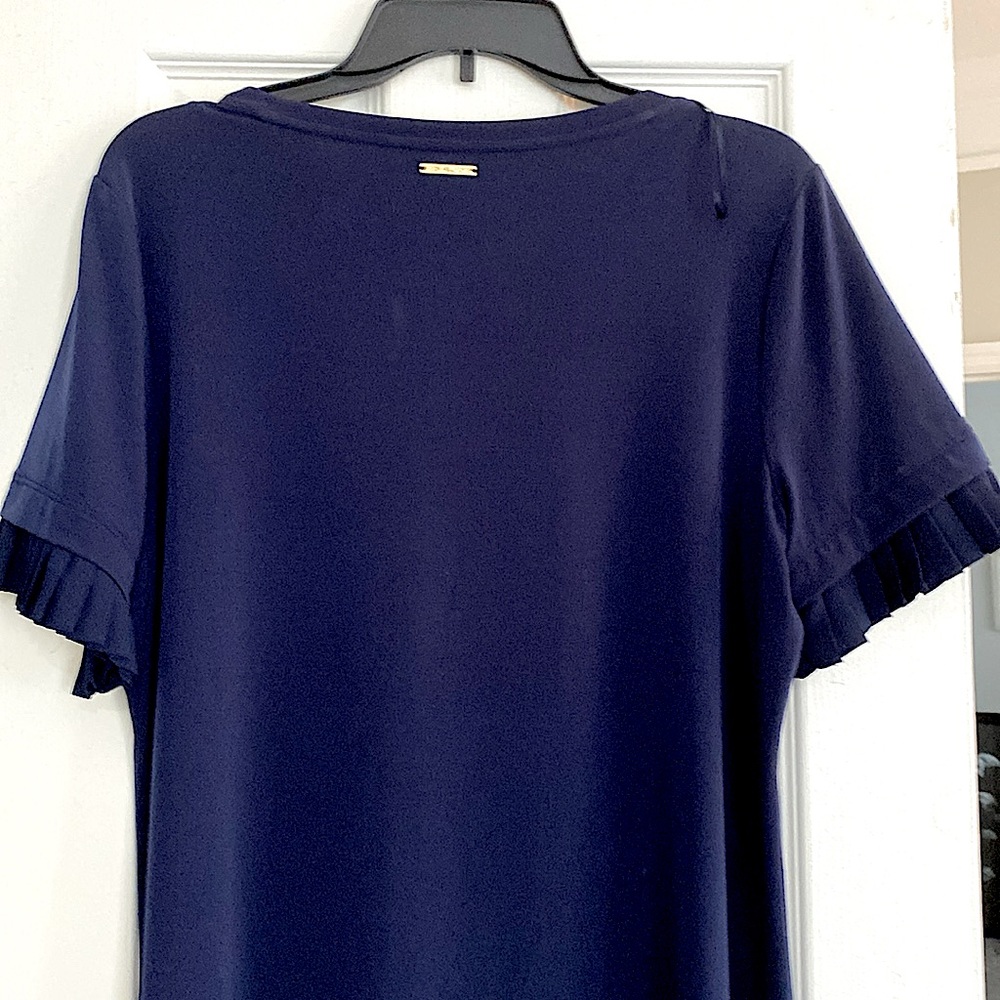 Michael Kors navy blue Shift dress with pleated sleeves. To knee.  Size L. EUC. - Picture 3 of 13